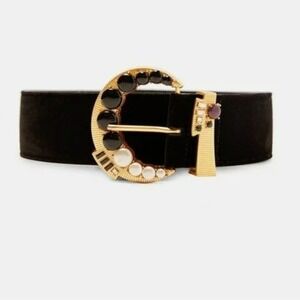 ZARA Black Velvet Bejewelled Buckle Wide Statement Belt SZ 31 Waist Quiet Luxury